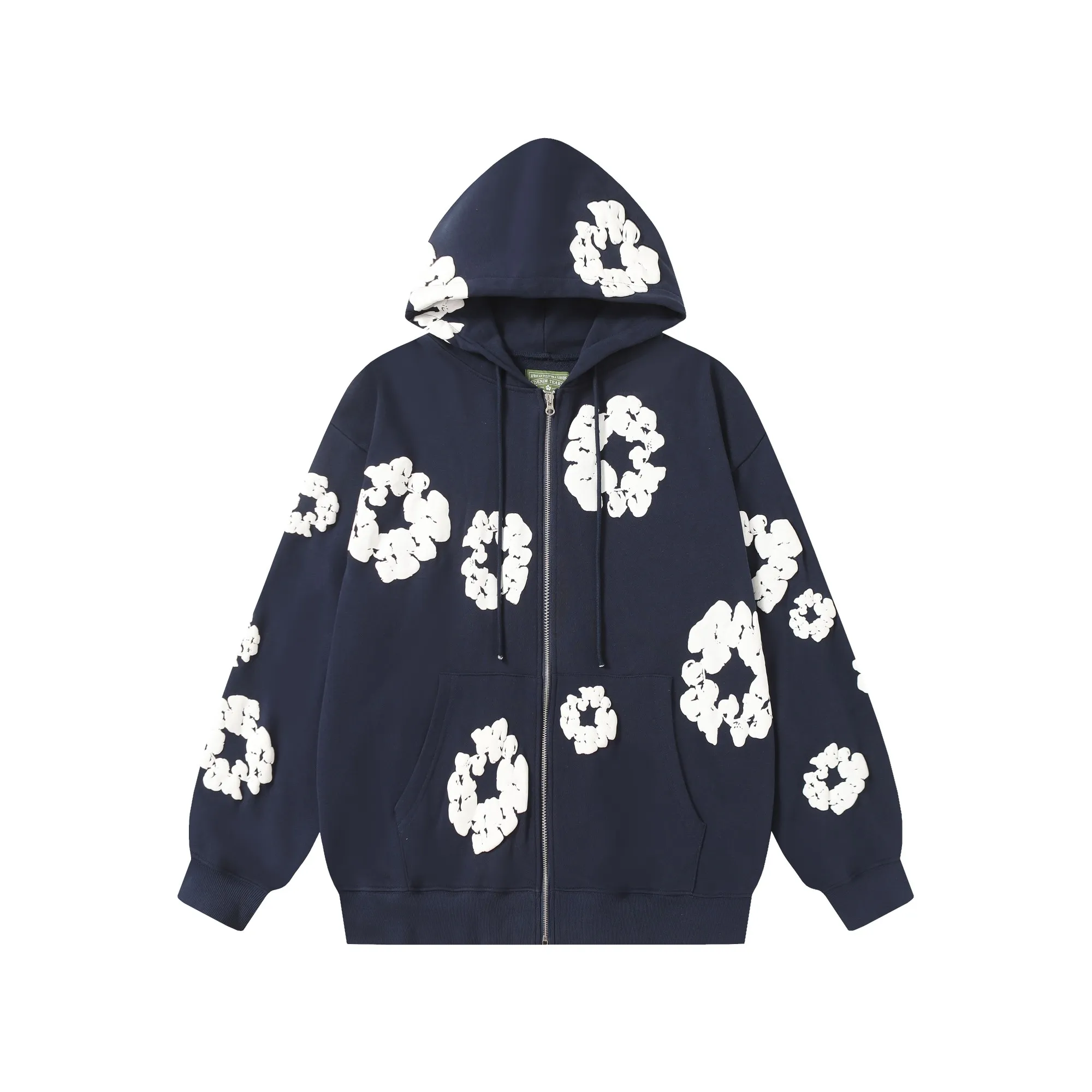 16 colors DENIM TEARS Kapok European and American trendy brand high-quality foam printed hooded sweatshirt jacket. Terry fabric weighs 380 grams. Threads are customized and dyed in the same color. Color Black Gray Blue Green Royal Blue Purple Red Orange Colorful Blue Pink White Sky Blue Brown Carbon Gray Black Gray White White Size S-XL